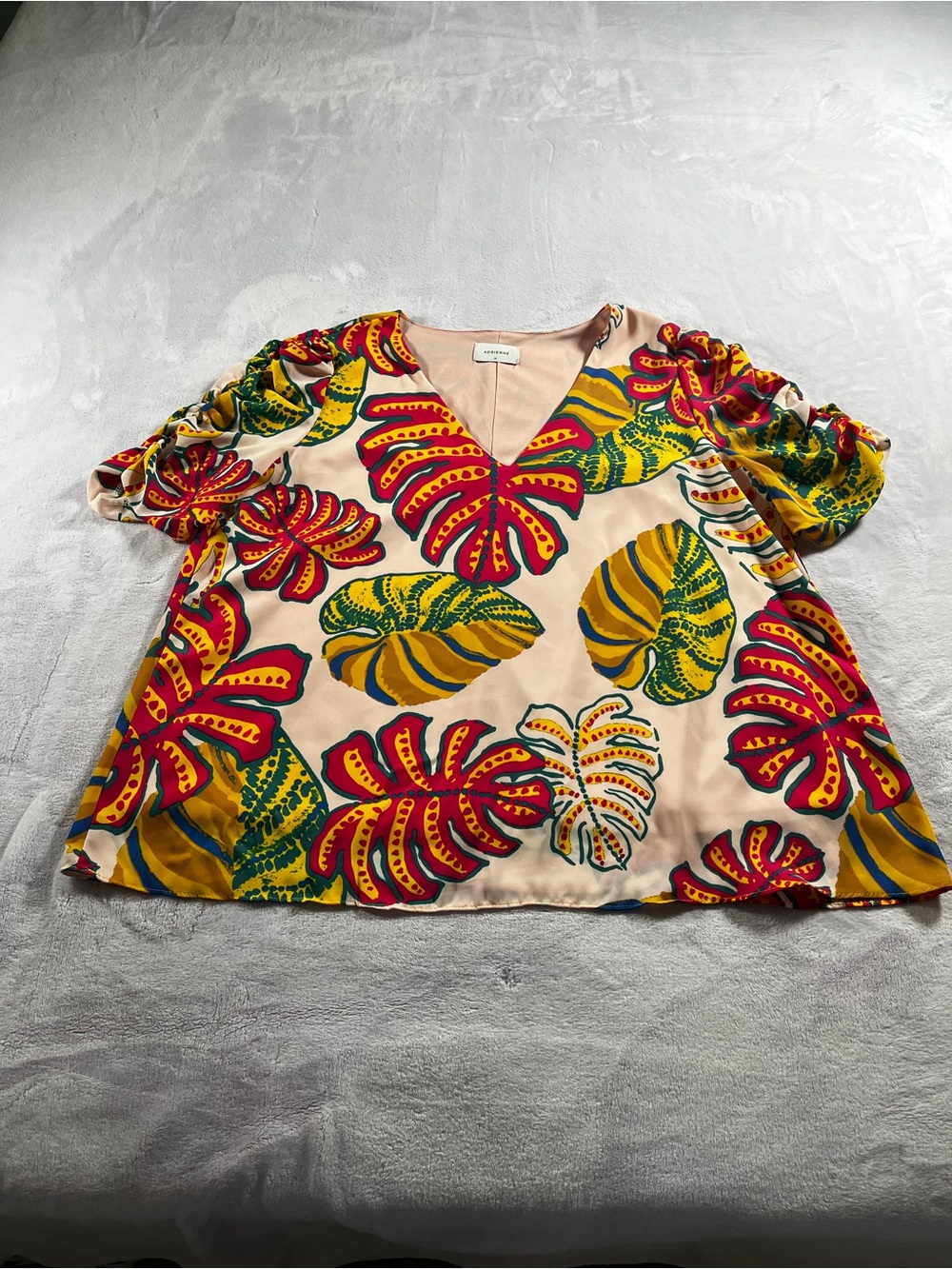 Adrienne Tropical Palm Print V-Neck Half Puff Sleeve Blouse Women’s 1X